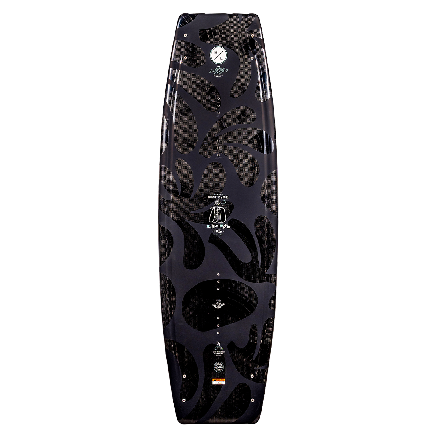 Capitol Loaded wakeboard, black and gray with abstract designs and logos.