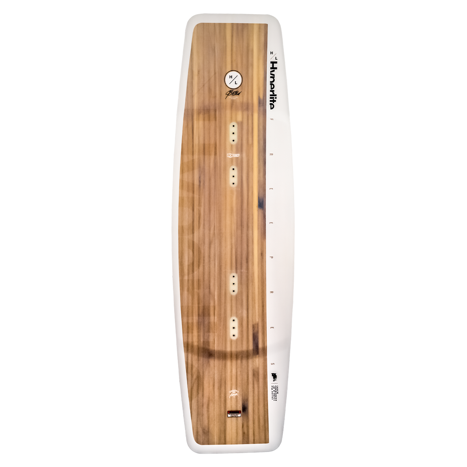Freepress wakeboard with logos and a Blended 3-Stage Rocker.