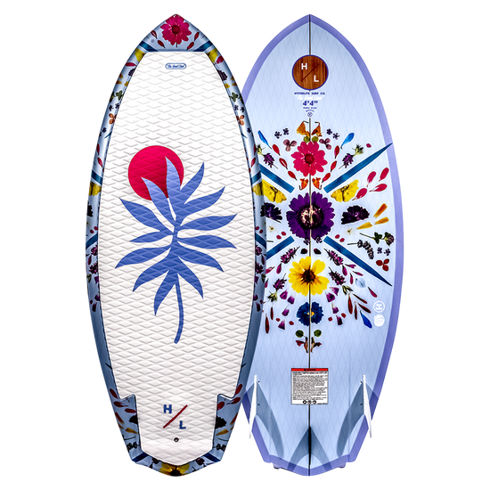 Top and base of Good Daze wakeboard with floral designs, perfect for wakesurf enthusiasts.