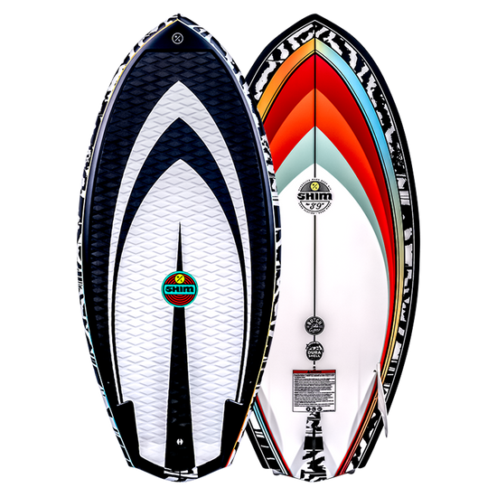 Top and base of Shim Jr. wakeboard with colorful geometric patterns, featuring EPS Core design.