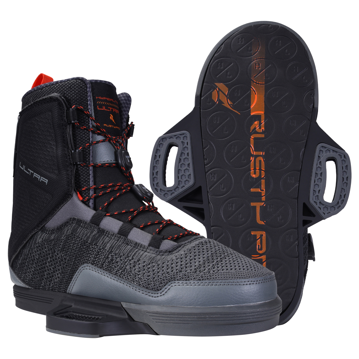 Black and gray Ultra Binding wakeboard boots with red accents and black soles.
