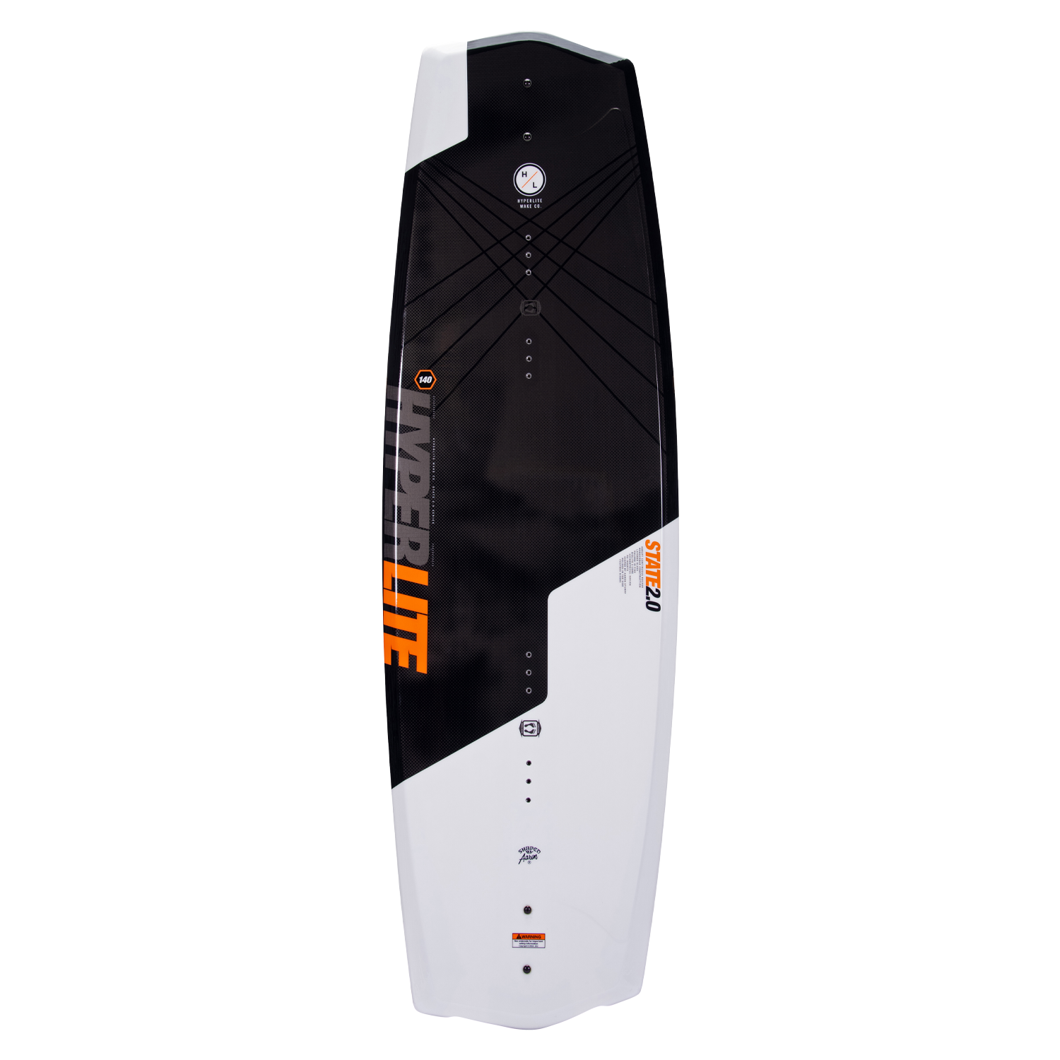 State Jr. 125cm wakeboard: Asymmetrical black & white with orange Hyperlite branding.