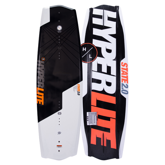 Hyperlite State 2.0 wakeboard: black/white with orange accents and asymmetric design.