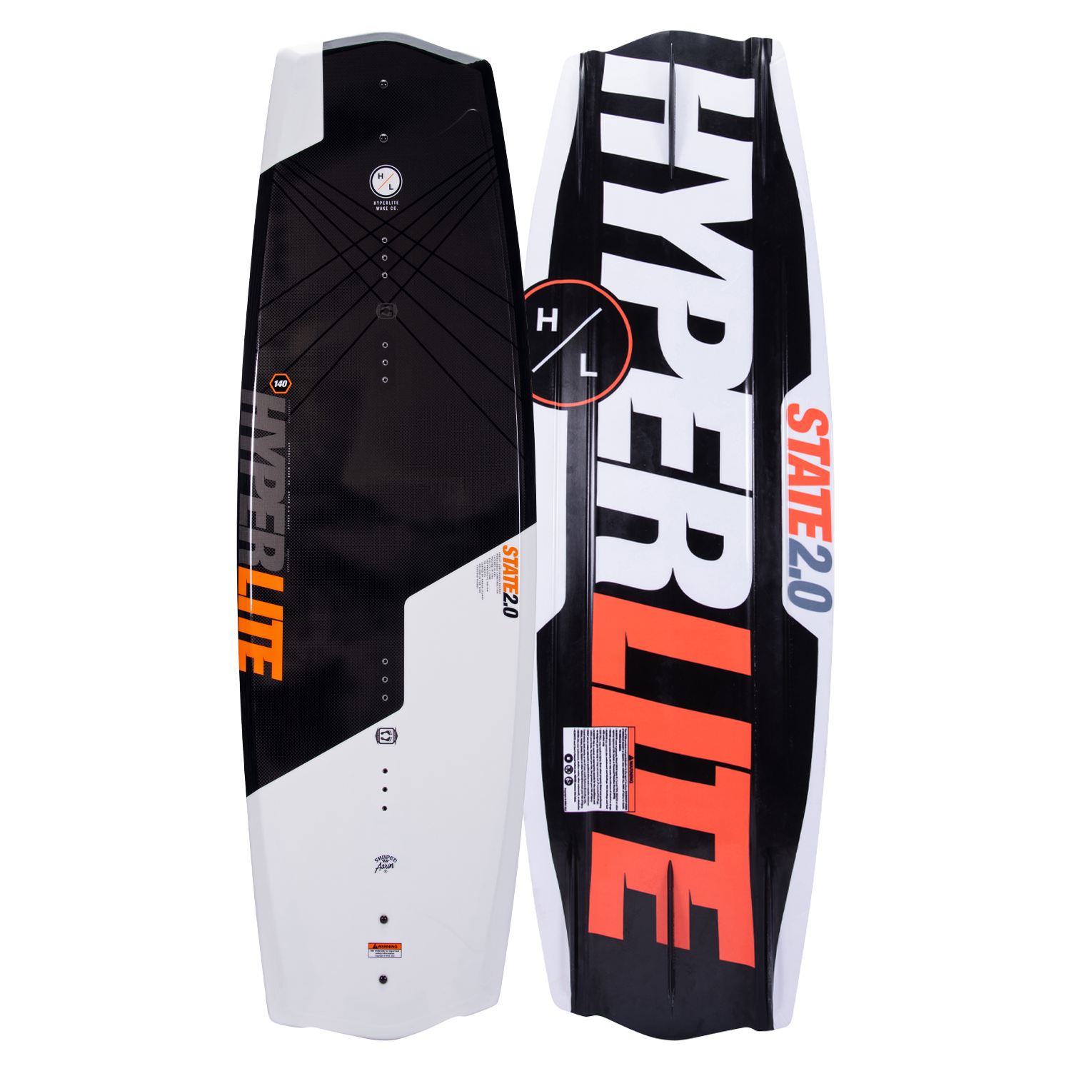 Hyperlite State 2.0 wakeboard: black/white with orange accents and asymmetric design.