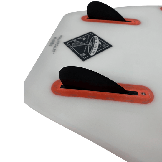 Close-up of 1.7 Drop Surf Fin - Pair with three black fins and red slots.